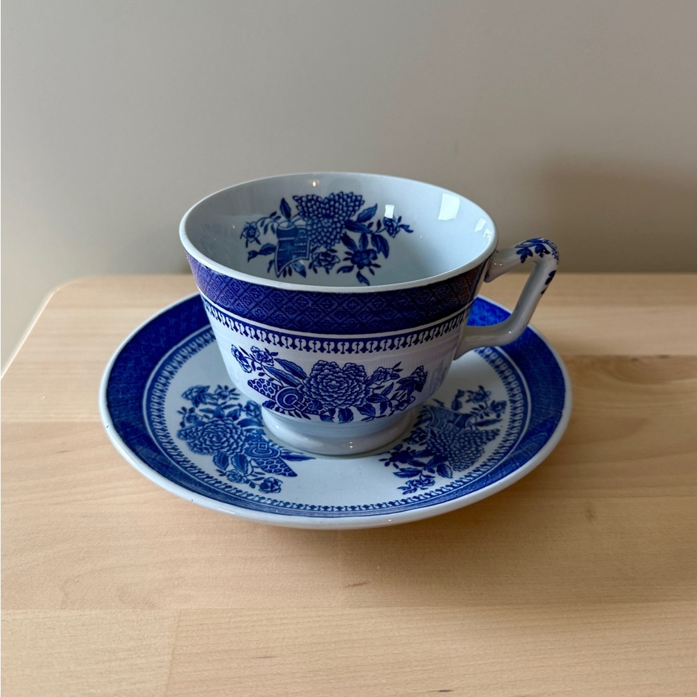 Vintage Spode Fitzhugh Blue Cup & Saucer Y2988 England Fine Stone Excellent